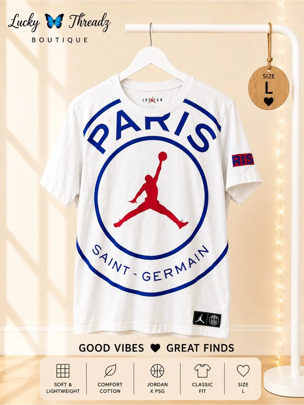 Jordan White Tee with Blue PARIS Graphic and Red Jumpman